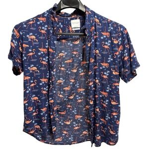 Denim & Flower Mens Flamingo Print Short Sleeve Button Down Shirt Navy Blue M